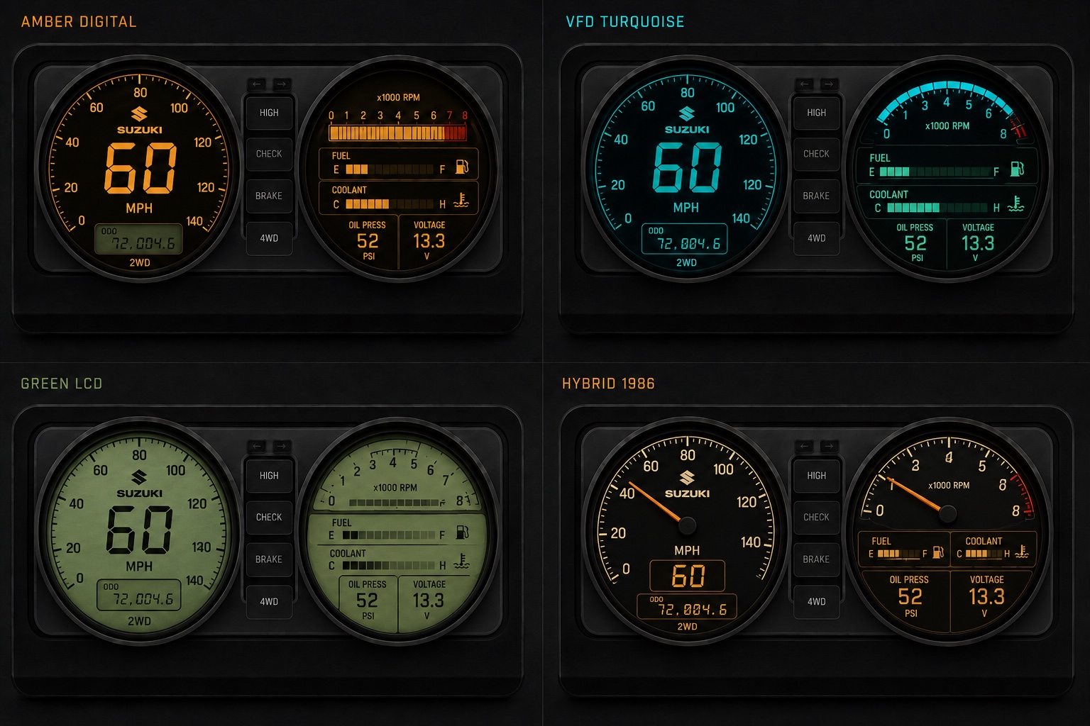 Four digital gauge cluster design directions in amber, turquoise, green LCD, and hybrid 1986 styles