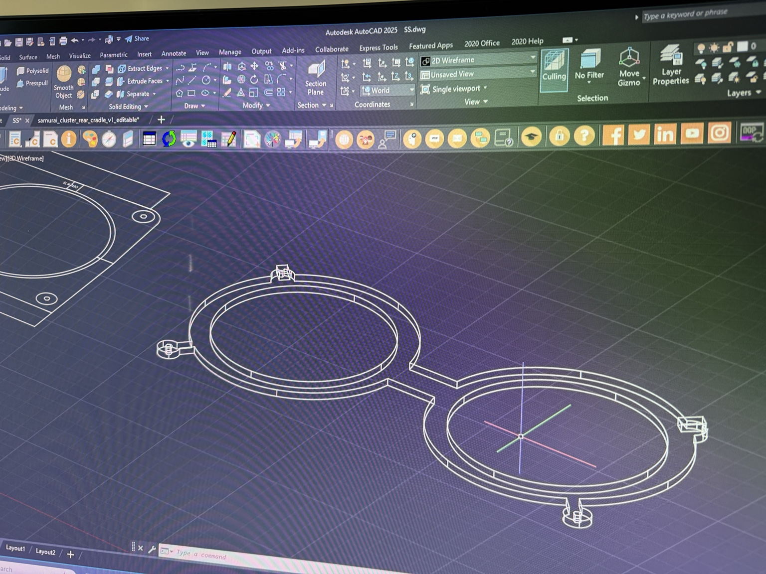 Twin circular display cradle being modeled in CAD